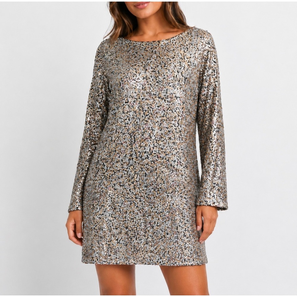 o.p.t Anthropologie Mini Dress Long Sleeve Cocktail Party Gold Silver Small‎